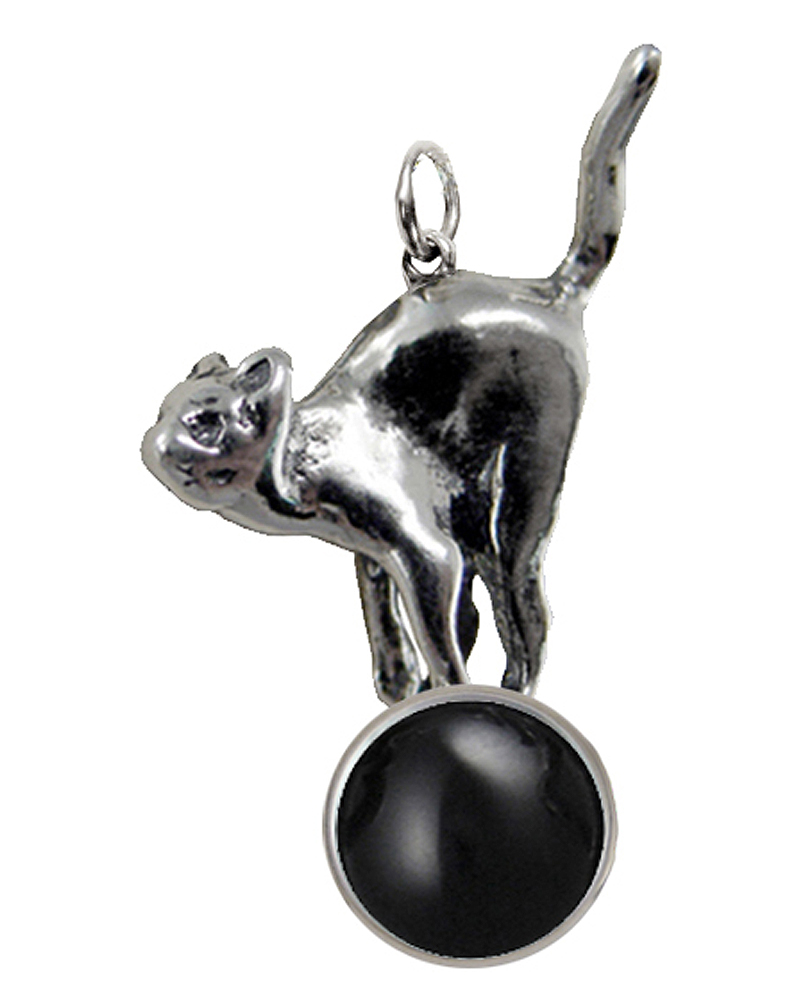 Sterling Silver Playful Kitty Cat About To Jump Pendant With Black Onyx